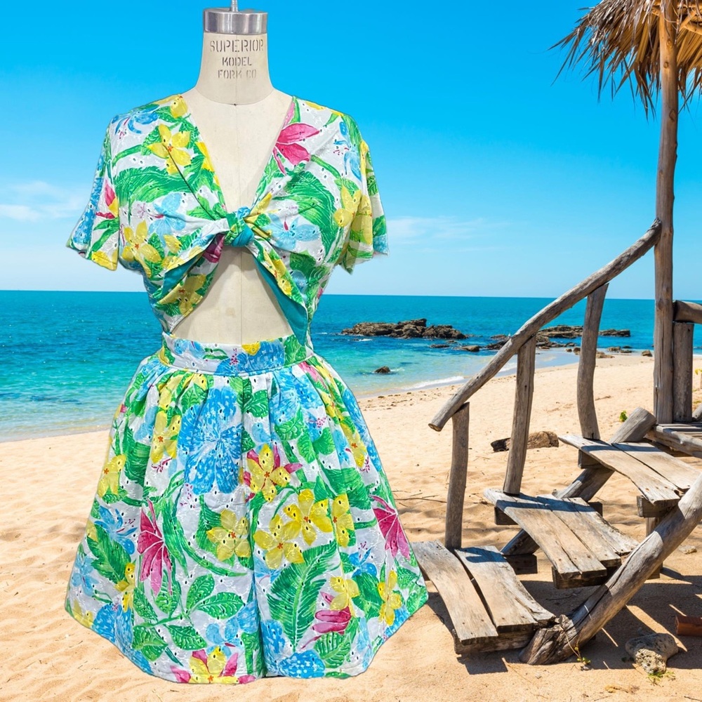 Tropical Hibiscus Eyelet Pinup Two-Piece Top & Shorts Set